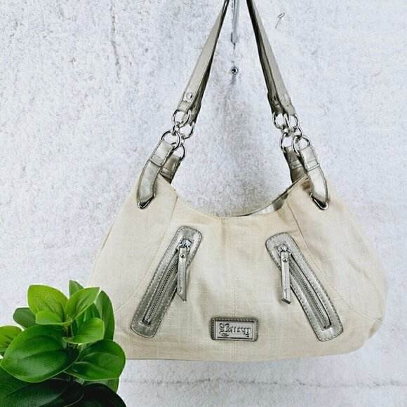 Luxy Beige Linen and Champagne Faux Leather Summer Shoulder Bag - Picture 1 of 13